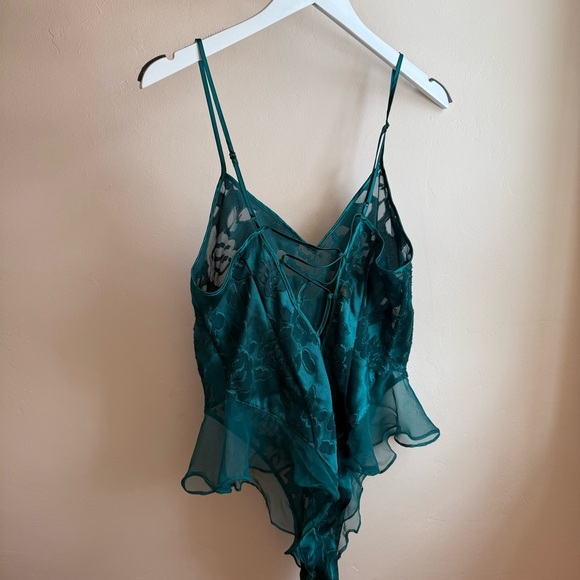 Vtg Victoria’s Secret Gold Label Satin Bodysuit Emerald Green Floral Ruffle L - Picture 5 of 9